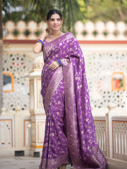 Hira Rich Purple Banarasi Silk Saree With Amazing Blouse Piece