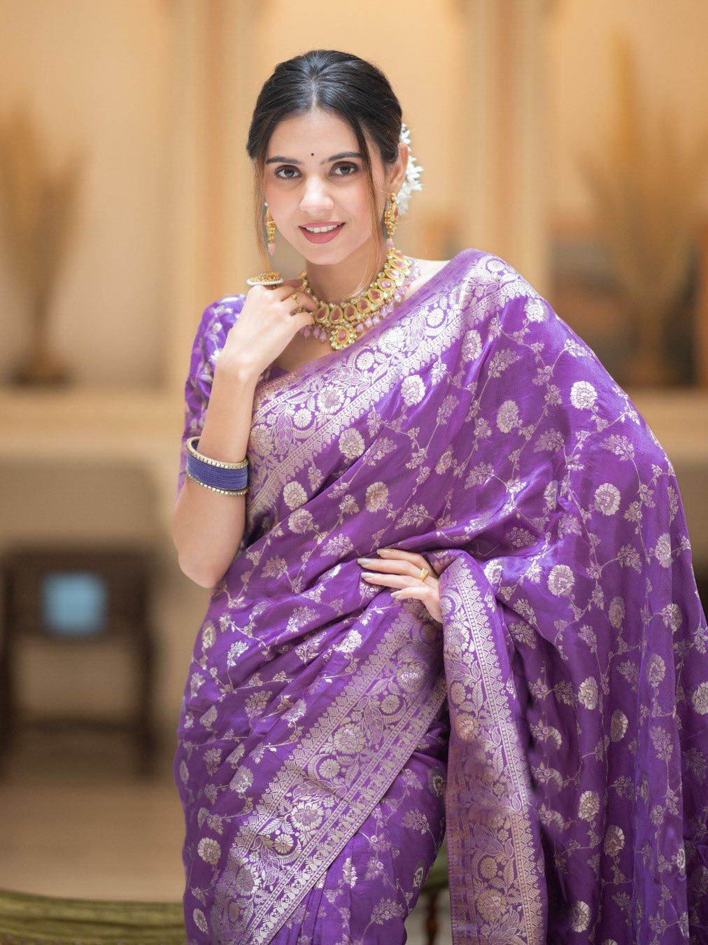 Hira Rich Purple Banarasi Silk Saree With Amazing Blouse Piece