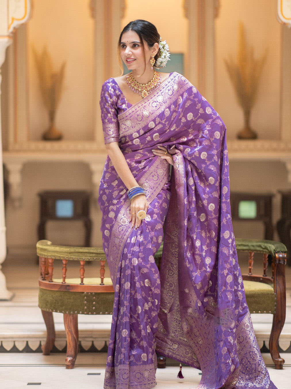 Hira Rich Purple Banarasi Silk Saree With Amazing Blouse Piece