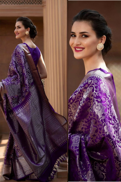 Violet Banarasi Silk Saree With Zari Weaving Work