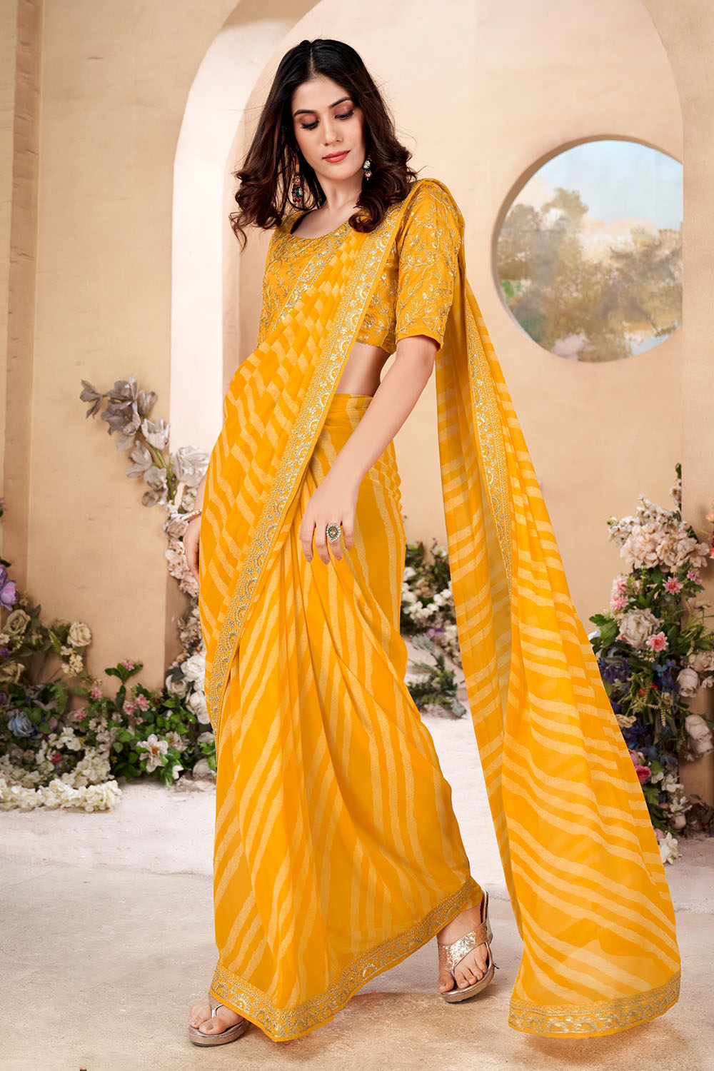 Yellow Bandhani Design Saree With Embroidery Work Blouse