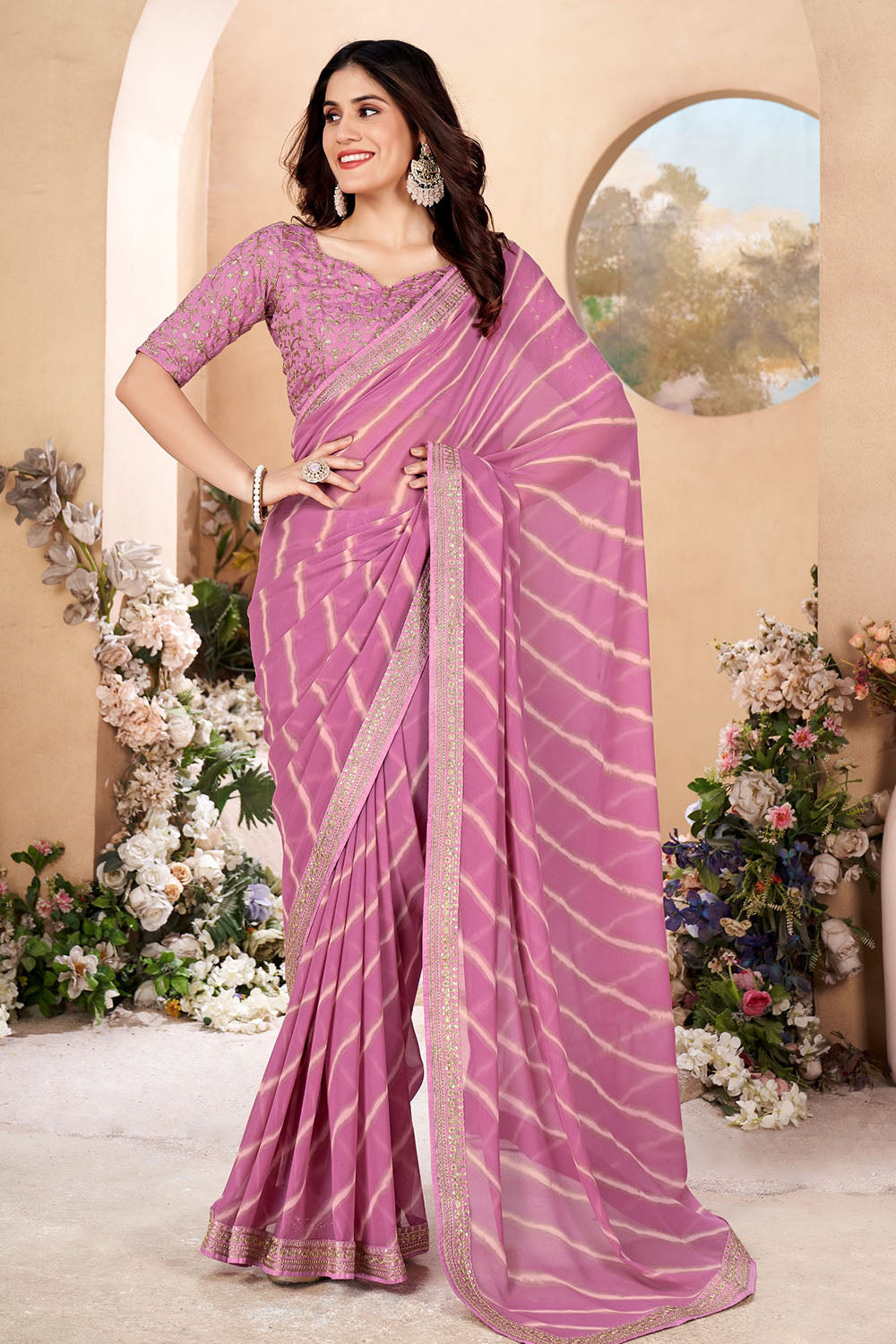 Purple Laheriya Design Saree With Embroidery Work Blouse