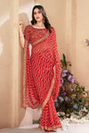 Red Laheriya Design Saree With Embroidery Work Blouse