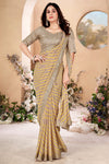 Beige Yellow Laheriya Design Saree With Embroidery Work Blouse