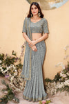 Grey Laheriya Design Saree With Embroidery Work Blouse