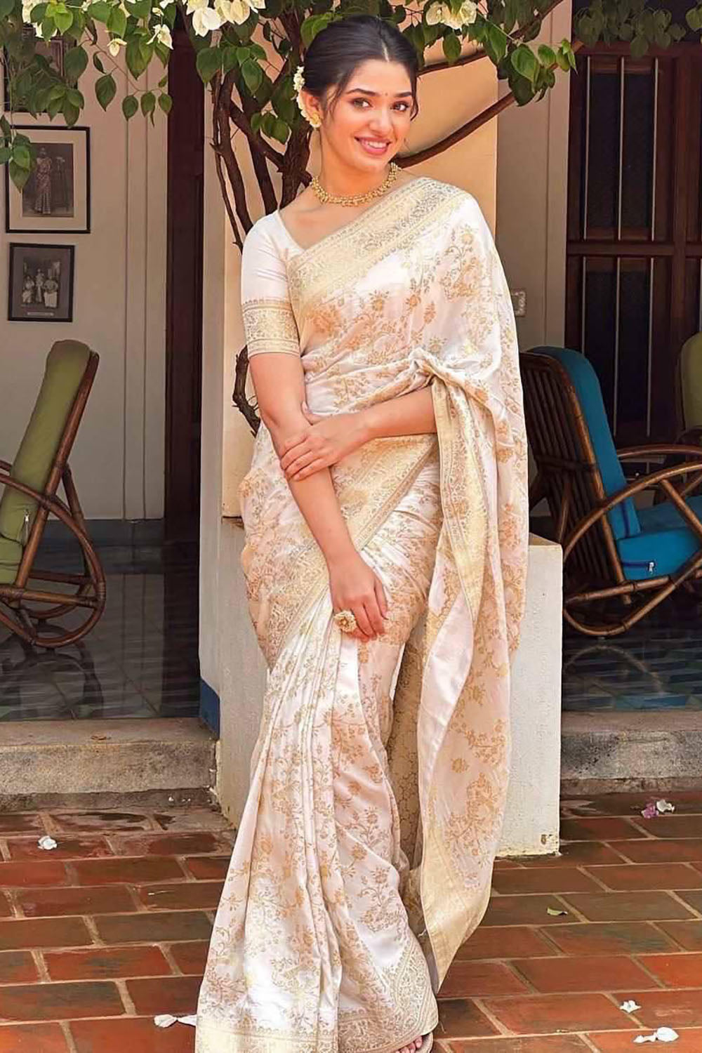 Cream Soft Banarasi Silk Saree