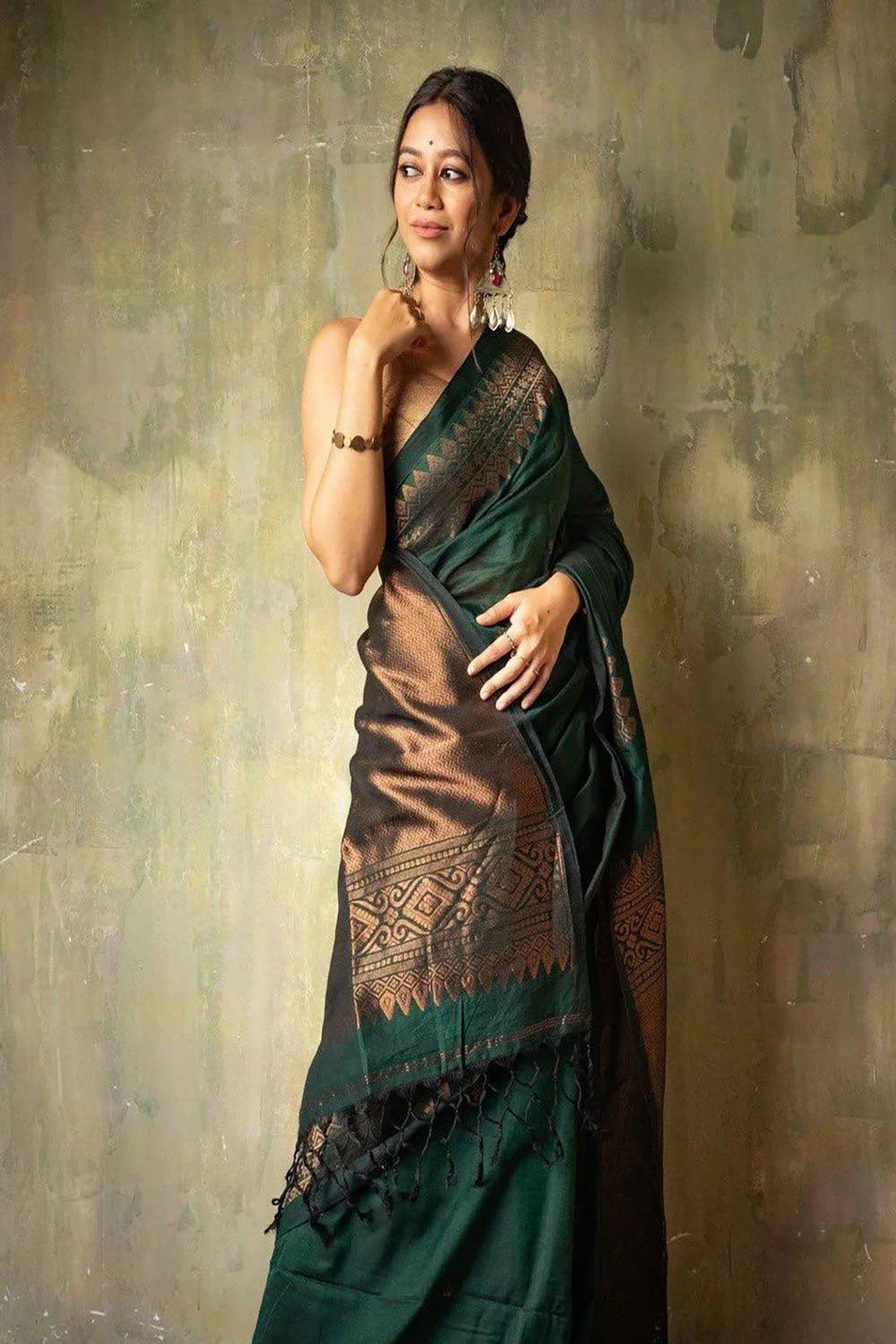 Bottle Green Beautiful Soft Banarasi Silk Saree