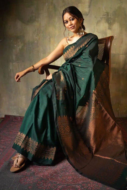 Bottle Green Beautiful Soft Banarasi Silk Saree