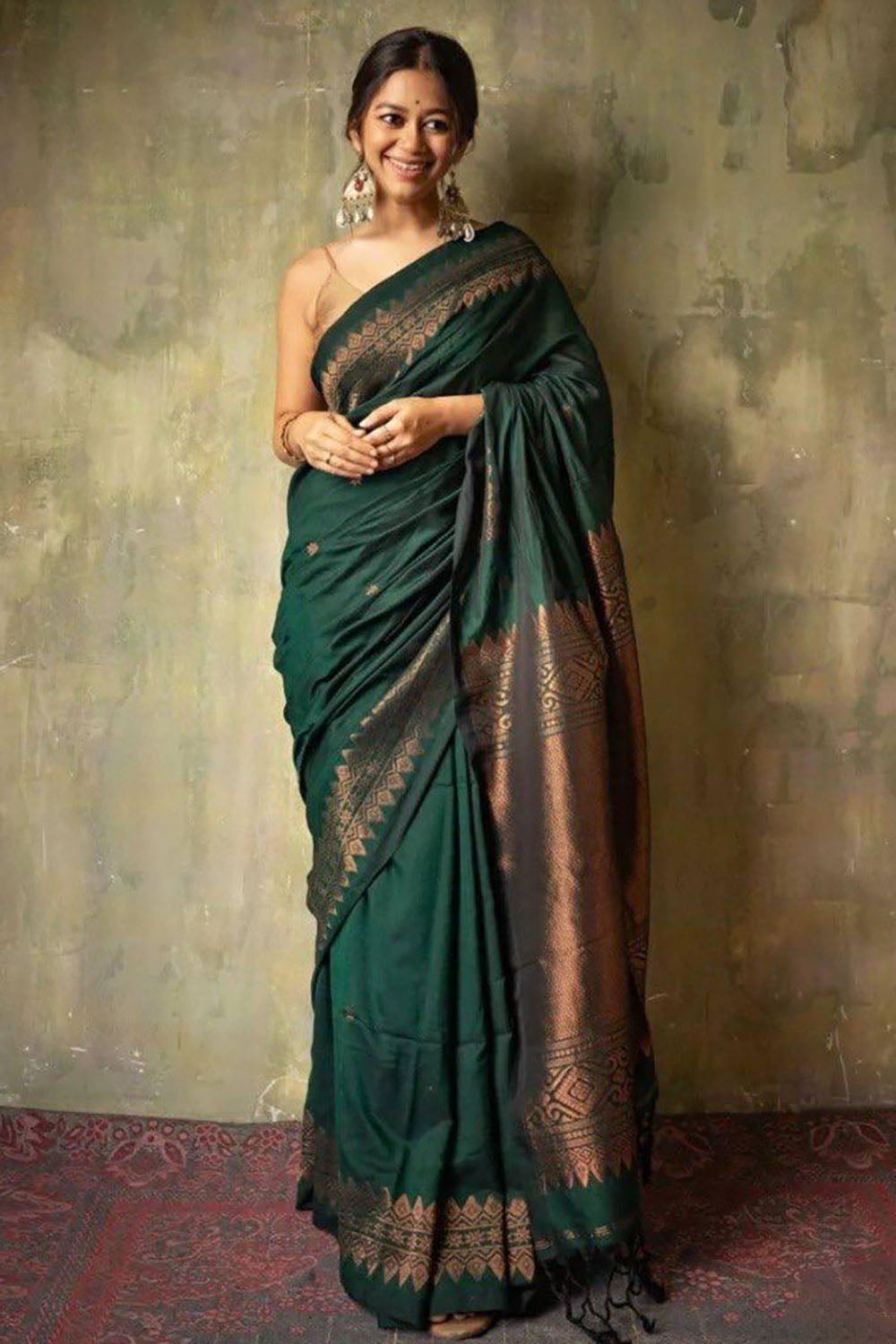 Bottle Green Beautiful Soft Banarasi Silk Saree