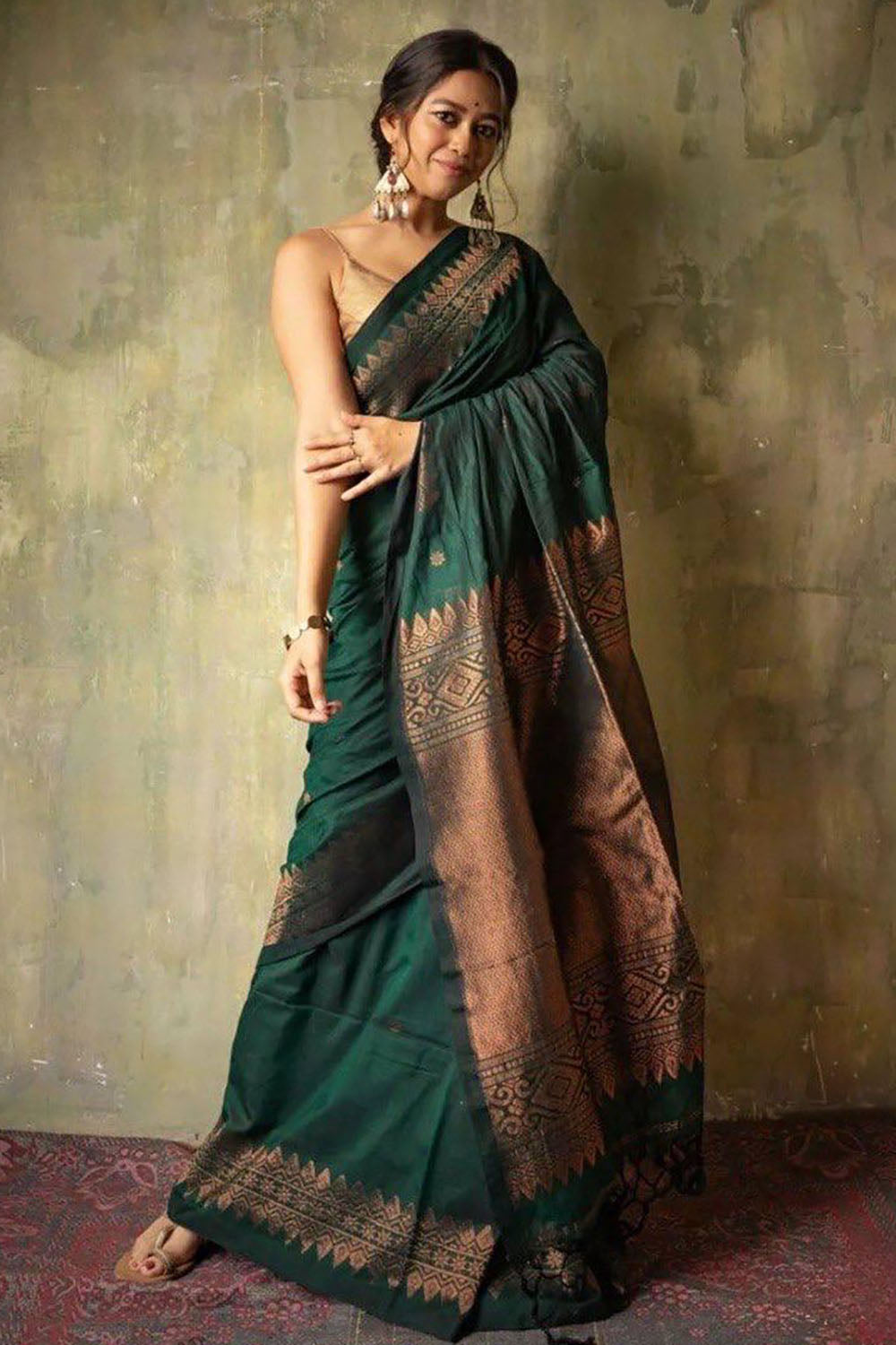 Bottle Green Beautiful Soft Banarasi Silk Saree