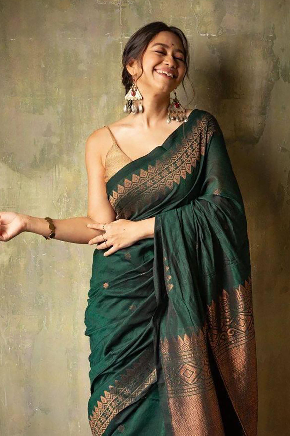 Bottle Green Beautiful Soft Banarasi Silk Saree