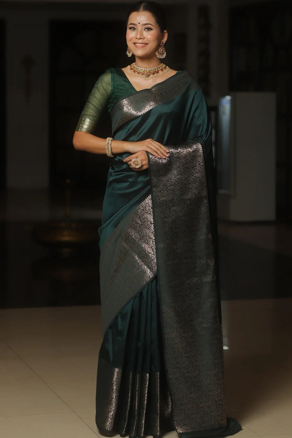 Bottle Green Soft Banarasi Silk Saree