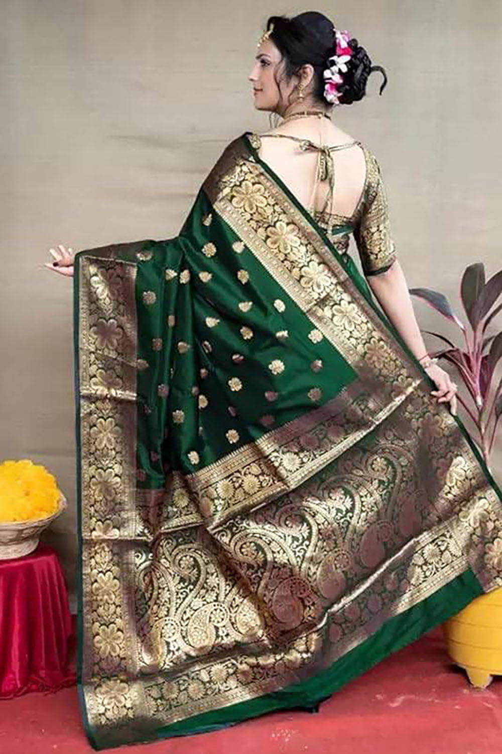 Bottle Green Beautiful Banarasi Soft Silk Saree