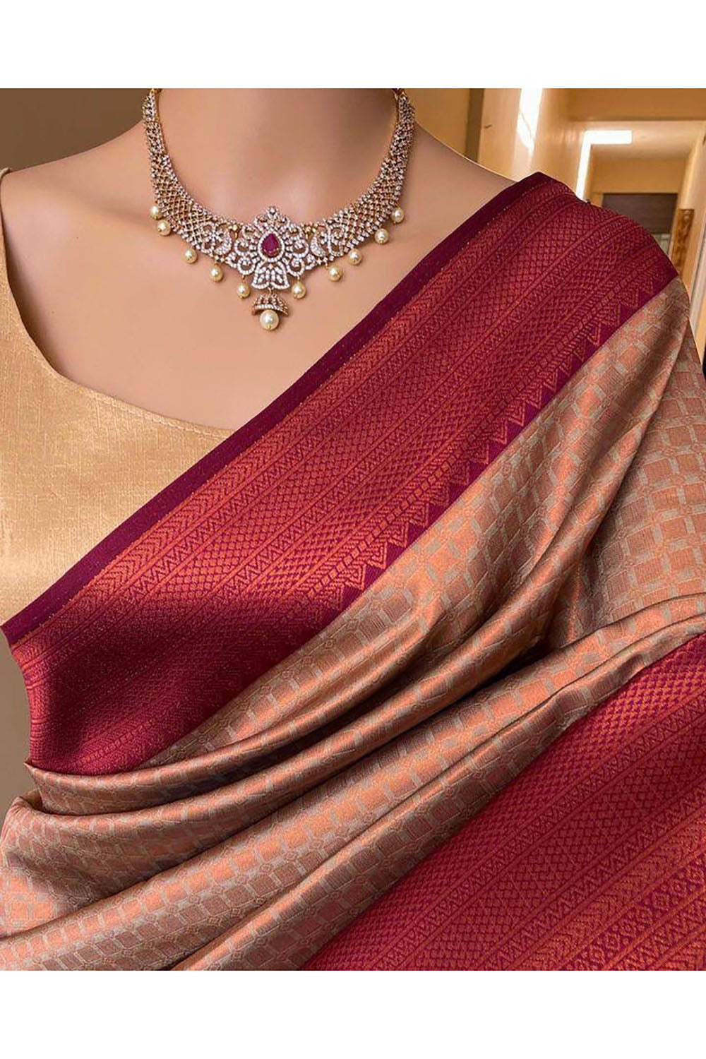 Cream &amp; Red Banarasi Silk Wedding Saree