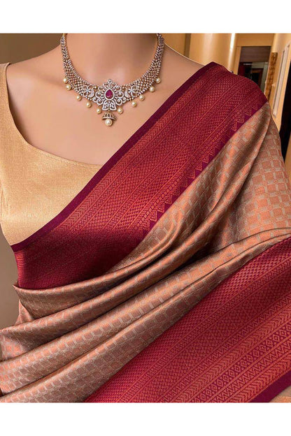 Cream &amp; Red Banarasi Silk Wedding Saree