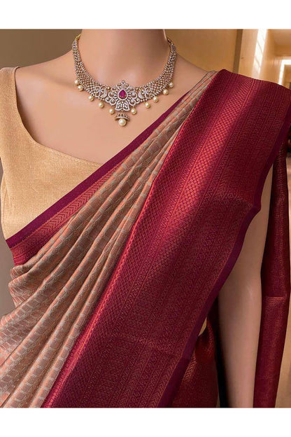 Cream &amp; Red Banarasi Silk Wedding Saree