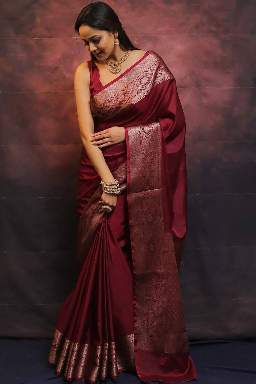 Maroon Banarasi Soft Silk Saree