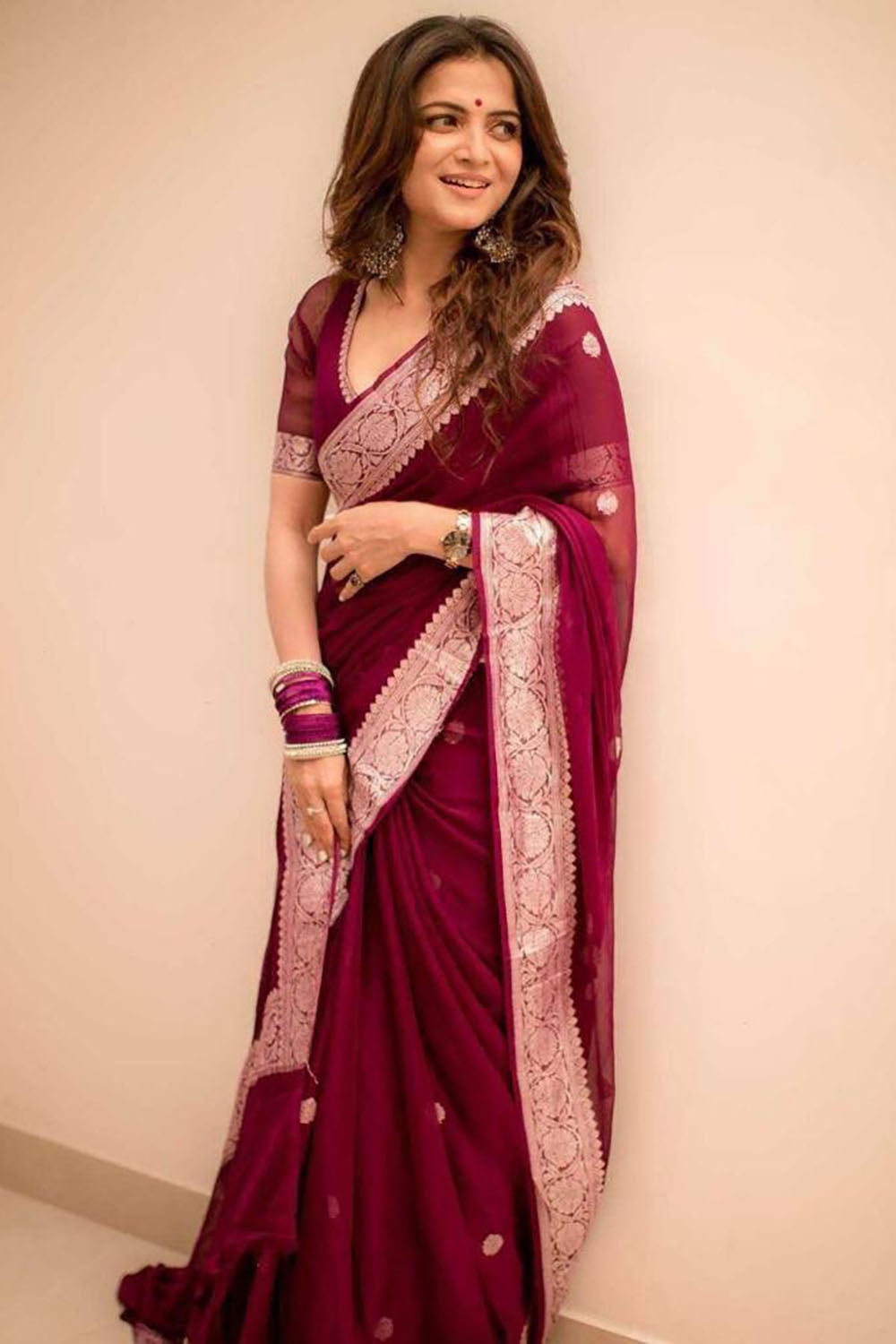 Maroon Soft Silk Saree with blouse