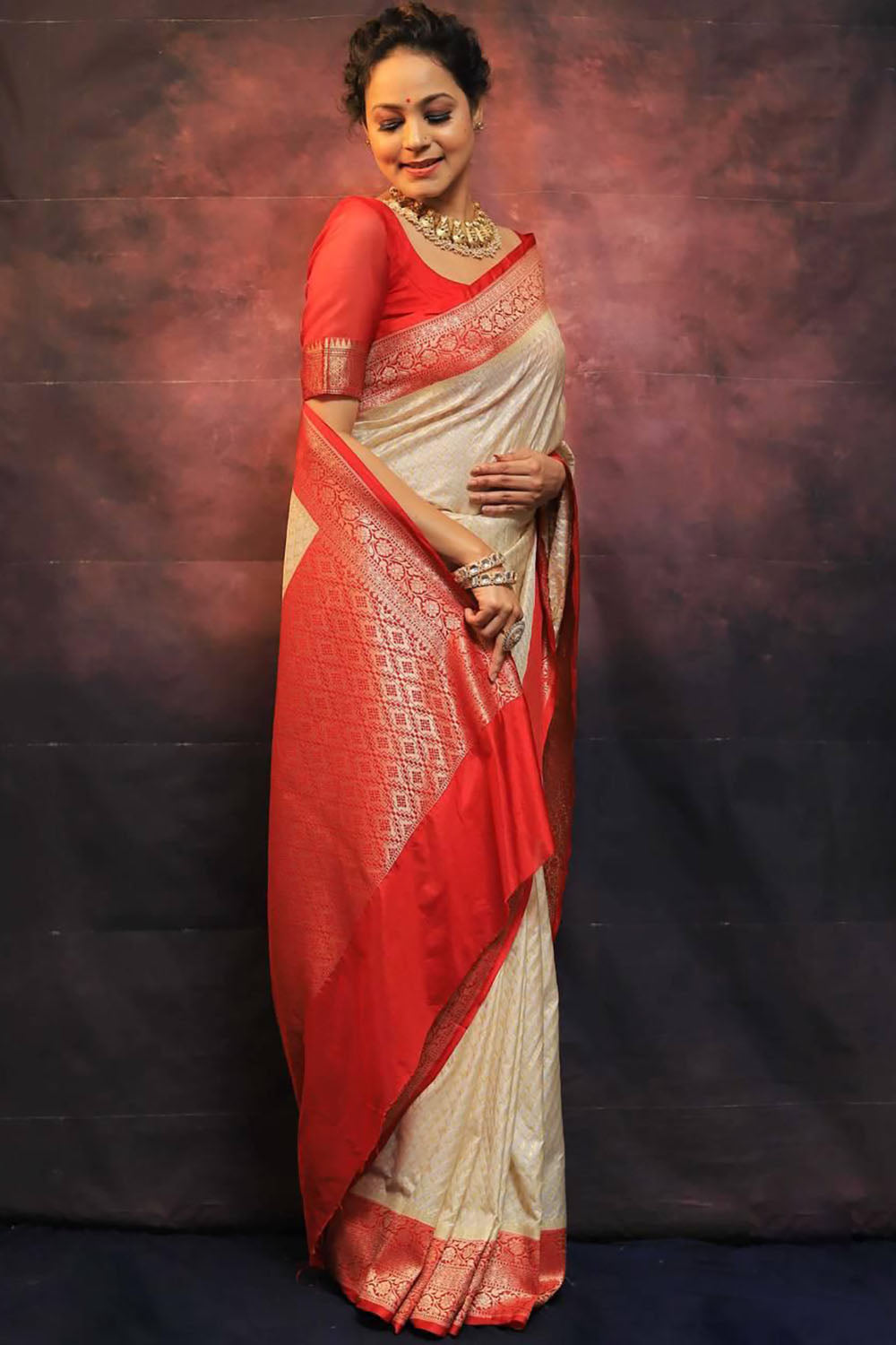 Cream and Red Soft Weaving Saree