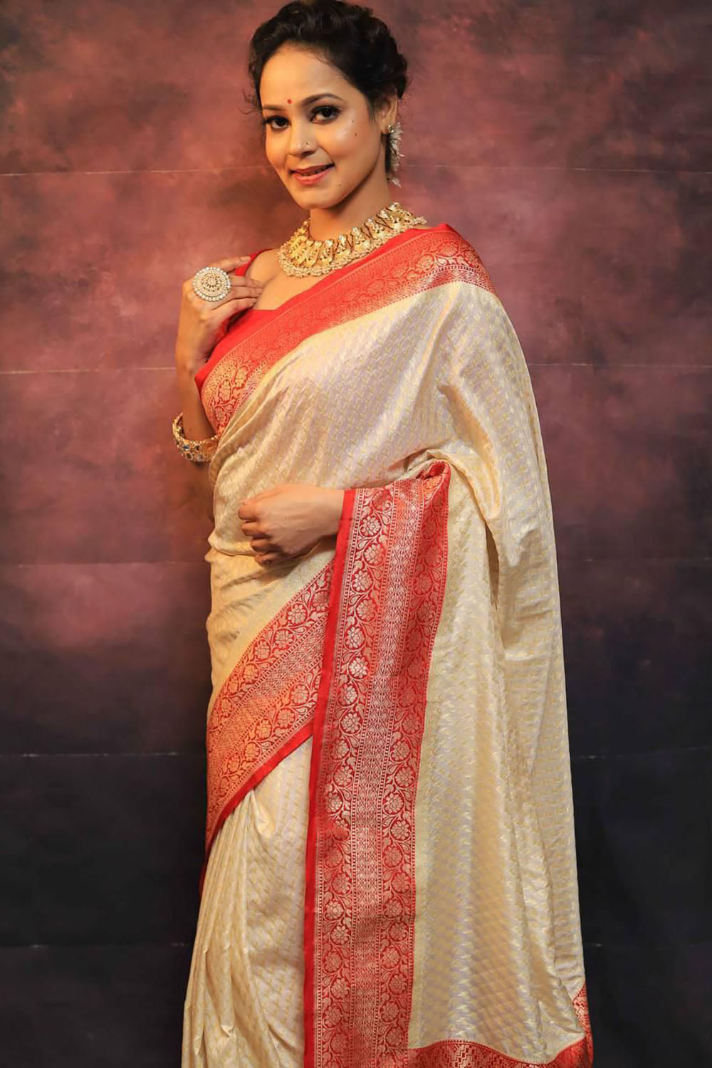 Cream and Red Soft Weaving Saree