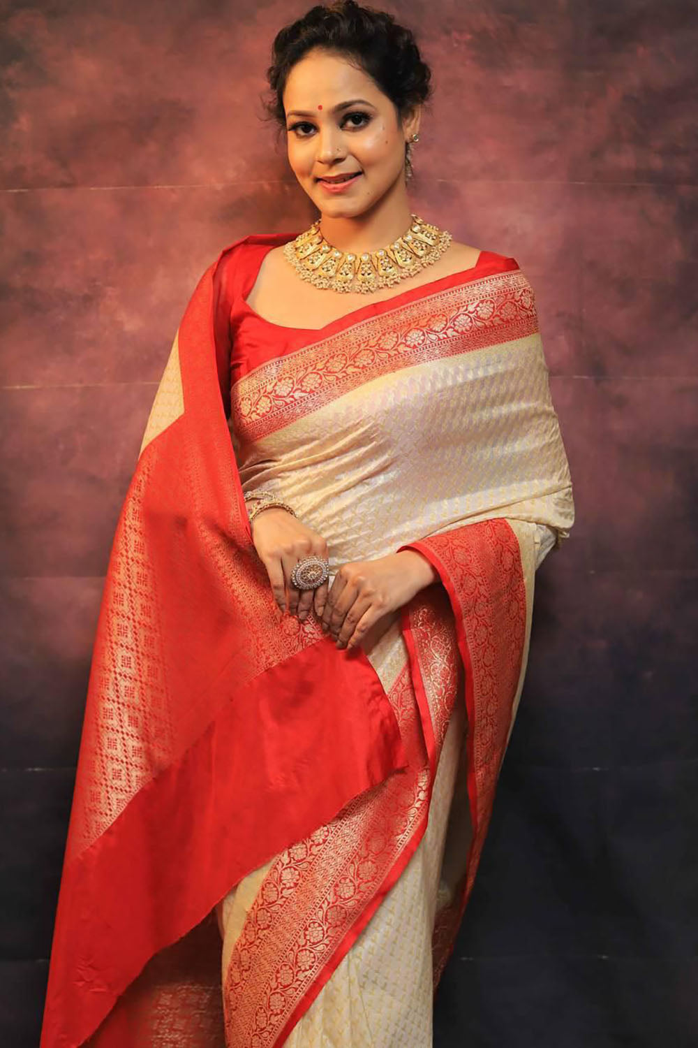 Cream and Red Soft Weaving Saree