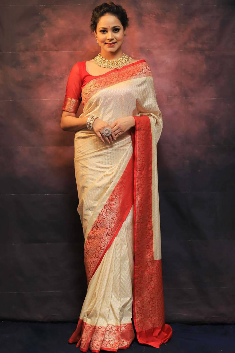 Cream and Red Soft Weaving Saree