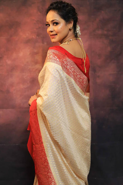 Cream and Red Soft Weaving Saree