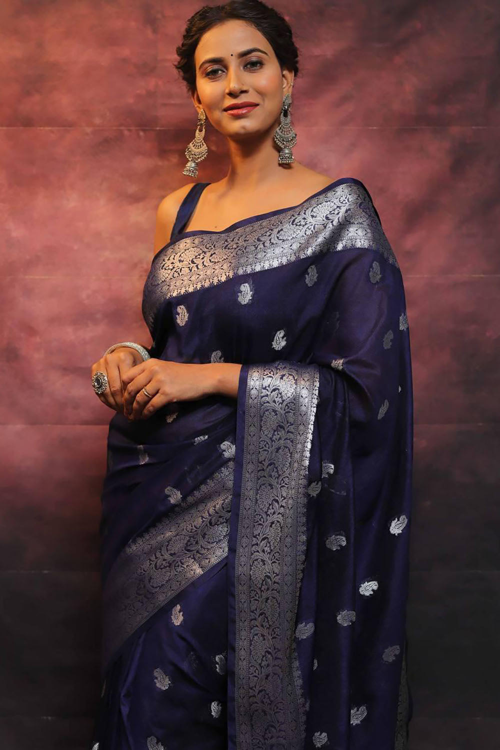 Navy Blue woven Soft Banarasi Saree