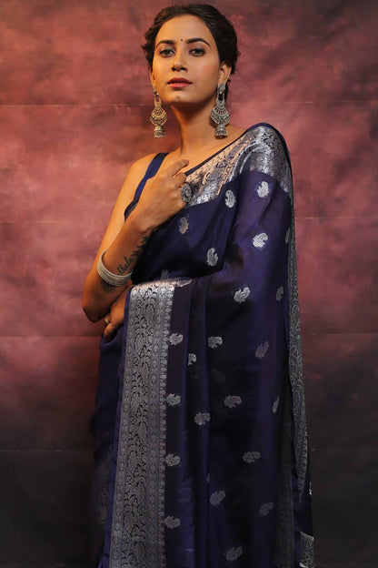 Navy Blue woven Soft Banarasi Saree