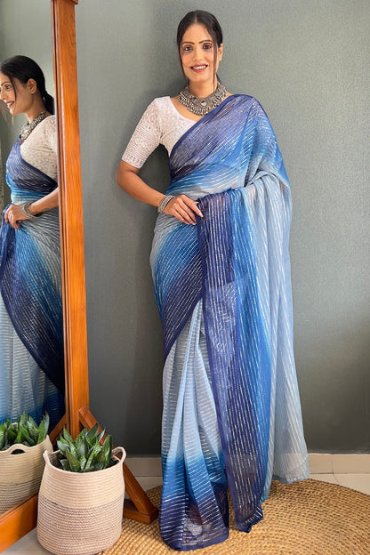 Blue Striped Chiffon Ready To Wear Saree