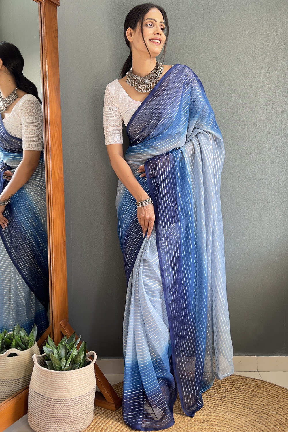 Blue Striped Chiffon Ready To Wear Saree