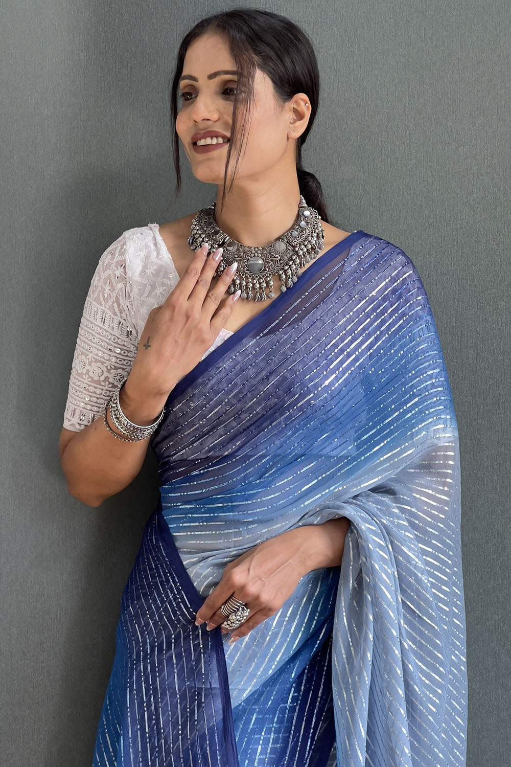 Blue Striped Chiffon Ready To Wear Saree