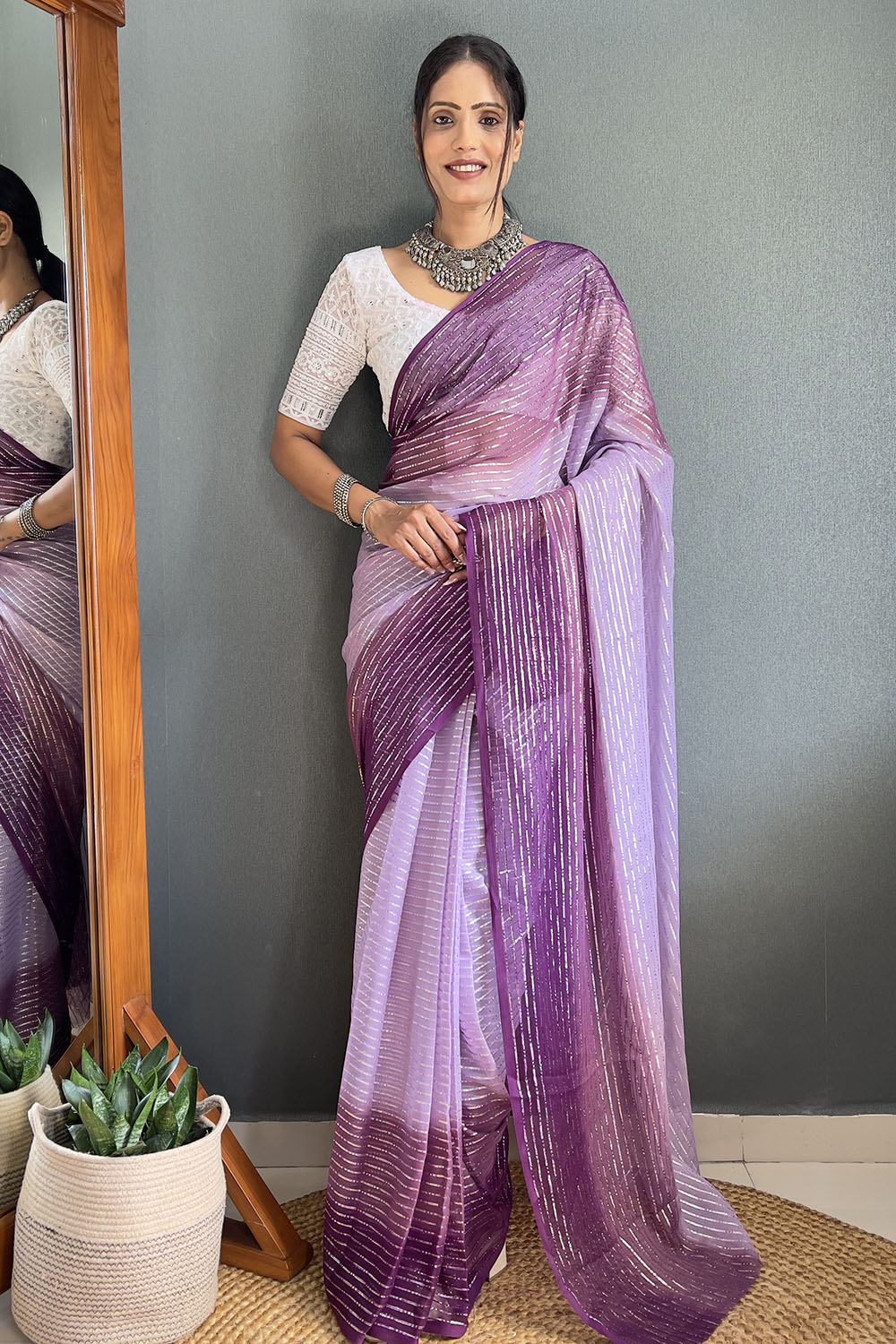 Wine Striped Chiffon Ready To Wear Saree