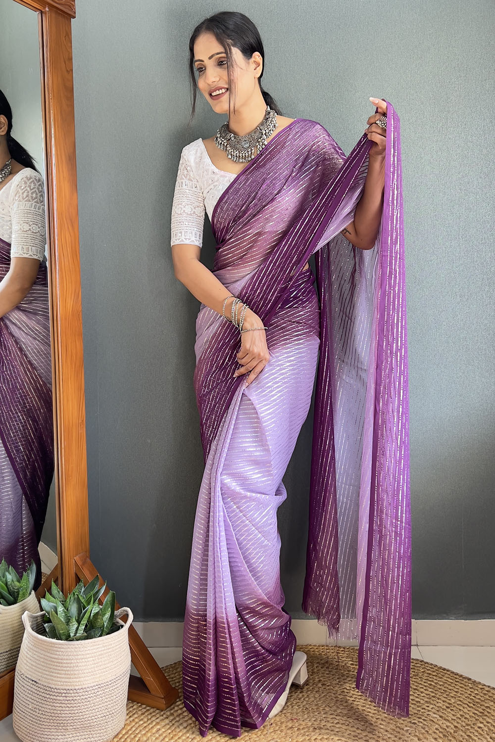 Wine Striped Chiffon Ready To Wear Saree