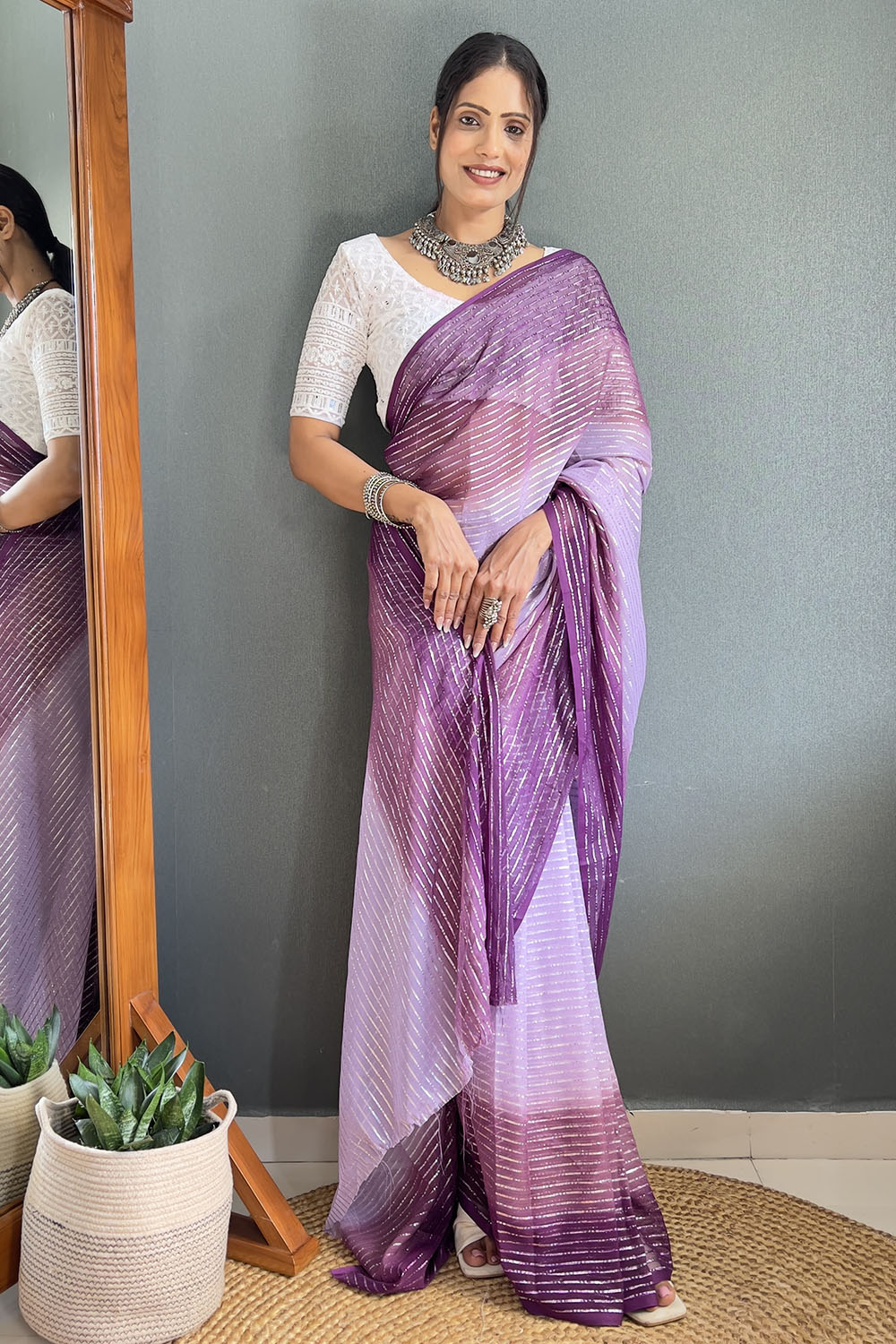 Wine Striped Chiffon Ready To Wear Saree