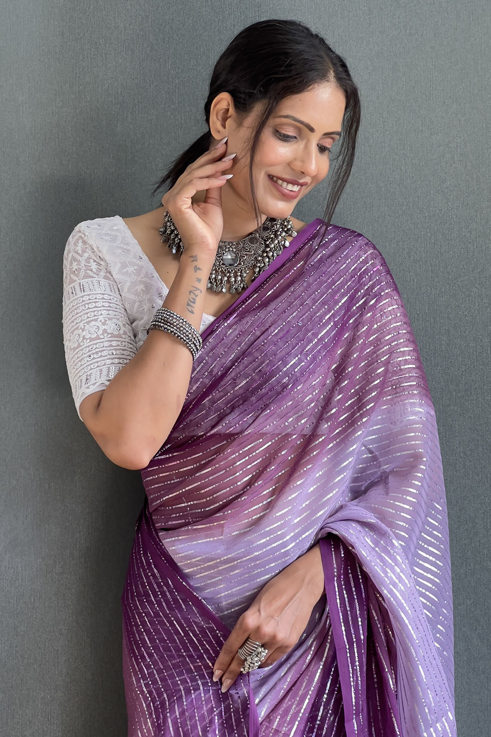 Wine Striped Chiffon Ready To Wear Saree