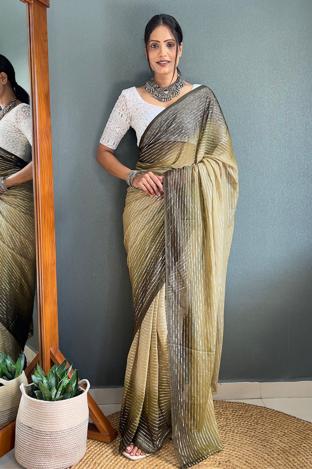 Moss Green Striped Chiffon Ready To Wear Saree