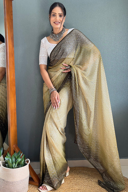 Moss Green Striped Chiffon Ready To Wear Saree