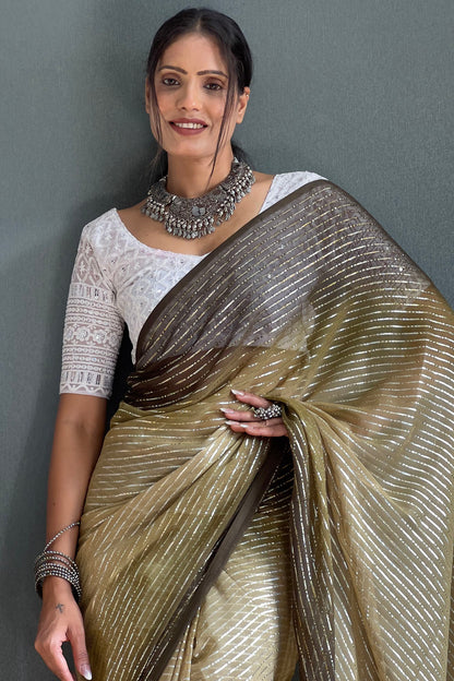 Moss Green Striped Chiffon Ready To Wear Saree