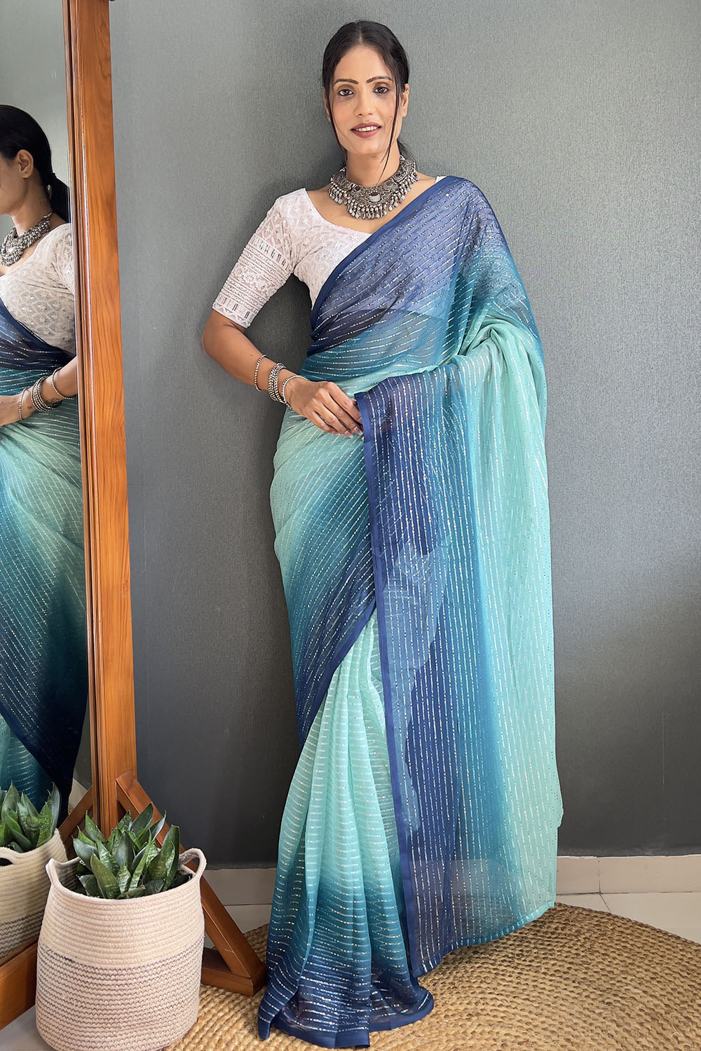 Sky Blue Striped Chiffon Ready To Wear Saree