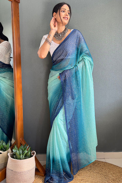 Sky Blue Striped Chiffon Ready To Wear Saree