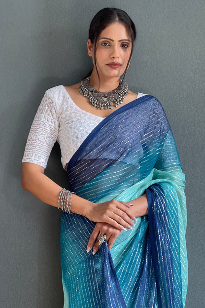 Sky Blue Striped Chiffon Ready To Wear Saree