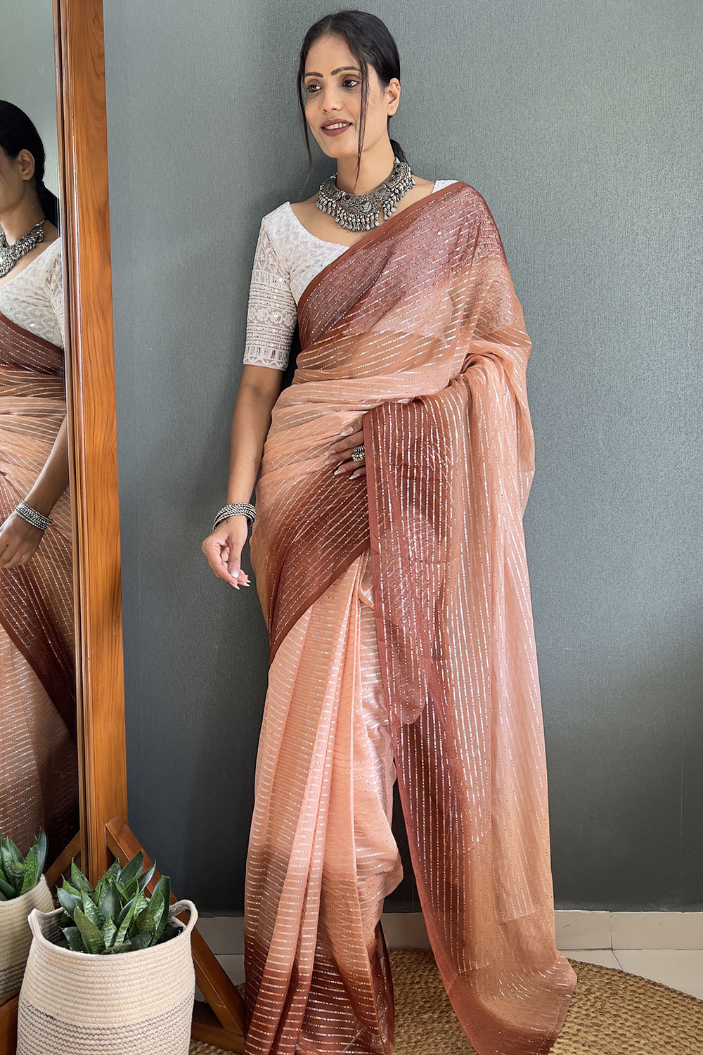 Light Brown Striped Chiffon Ready To Wear Saree