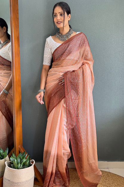 Light Brown Striped Chiffon Ready To Wear Saree