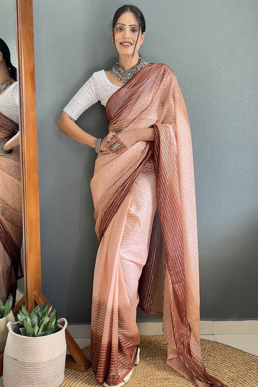 Light Brown Striped Chiffon Ready To Wear Saree