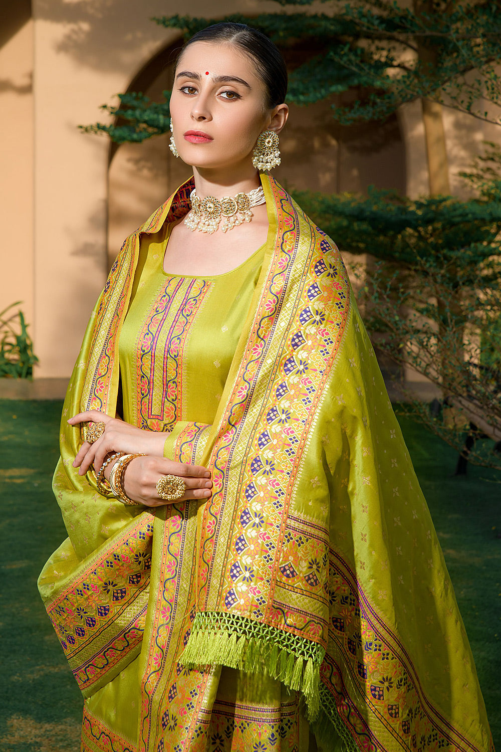 Pista Green Silk Pashmina Work Salwar Suit ( Unstitched )