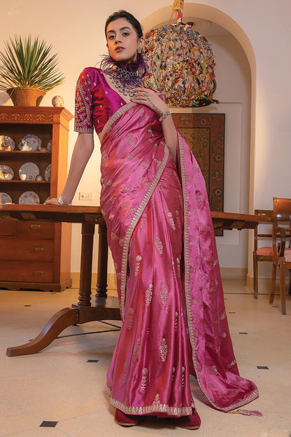 Latest Rani Pink Colour Viscose Satin Saree