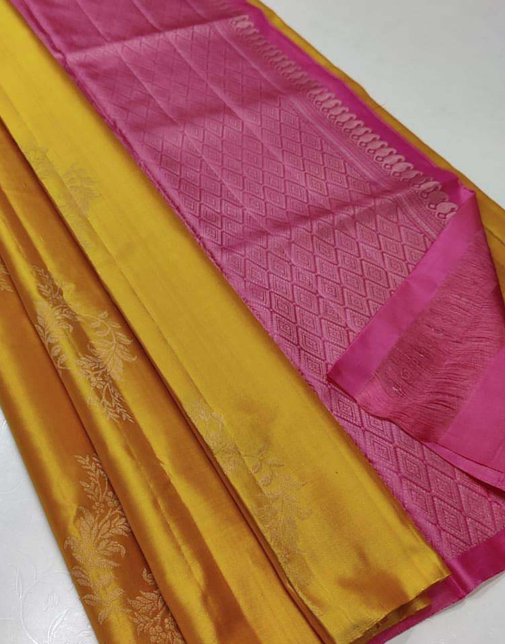 Mustard Yellow &amp; Pink Soft Silk Saree With Zari Weaving Work