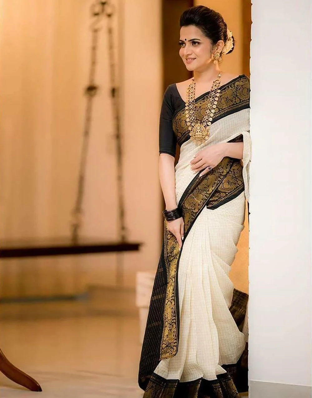 Fancy Small Checks Designer Cream And Black Silk Sarees