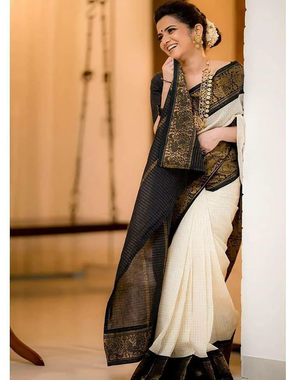 Fancy Small Checks Designer Cream And Black Silk Sarees